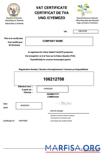 Printable Rwanda VAT certificate Word and PDF template